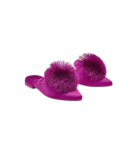 Birdies- The Dove Satin Fuchsia Pink Pom-Pom Mule Slipper Slip on